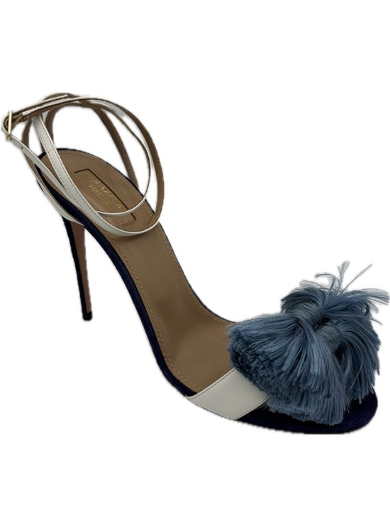 Aquazzura Shoes - Aquazzura Wild Thing Bow Fringed Sandal Heels in Blue Suede